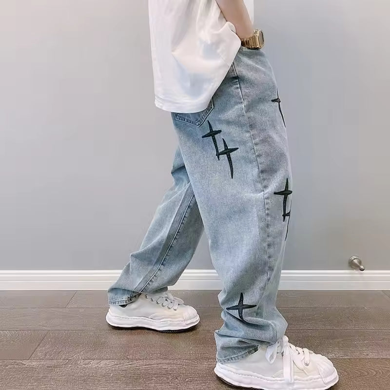 Washed Cross Design Baggy Jeans