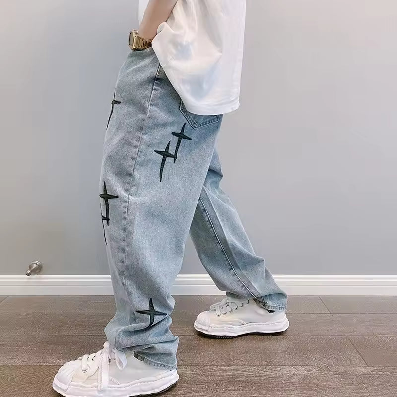 Washed Cross Design Baggy Jeans