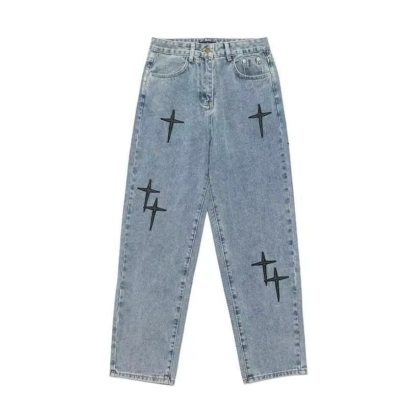 Washed Cross Design Baggy Jeans