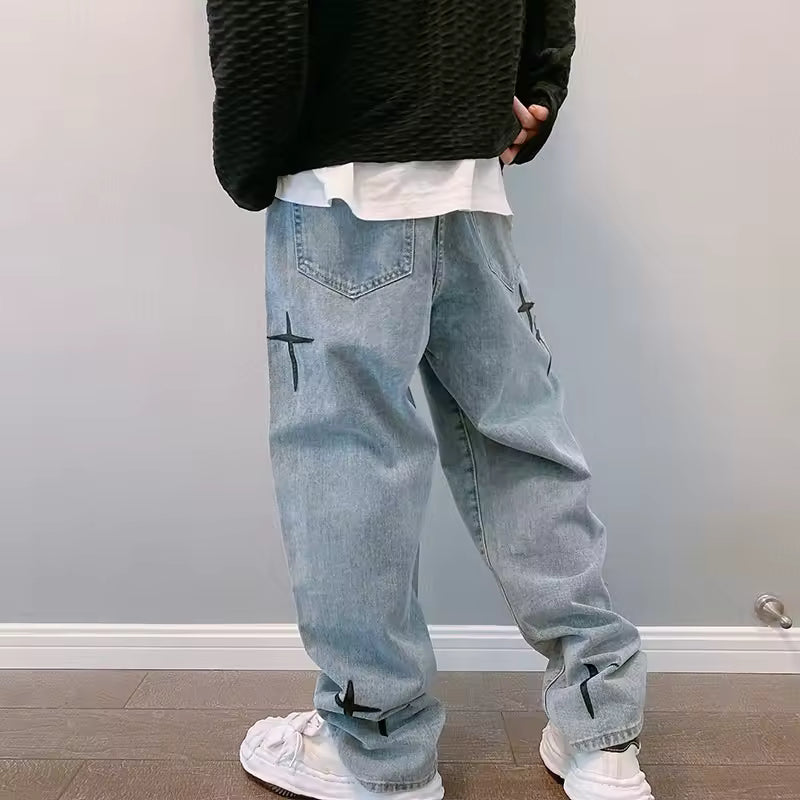 Washed Cross Design Baggy Jeans