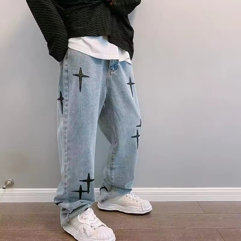 Washed Cross Design Baggy Jeans