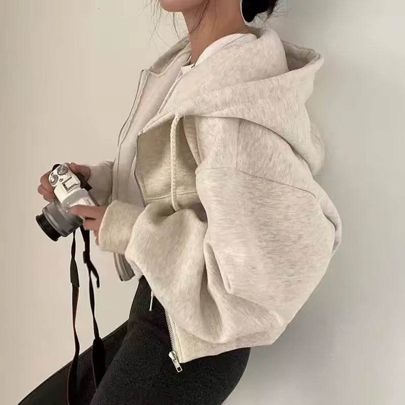 Solid Print Zip Up Crop Jacket